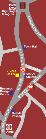 Map to Kings Head theatre pub, Upper St N1.